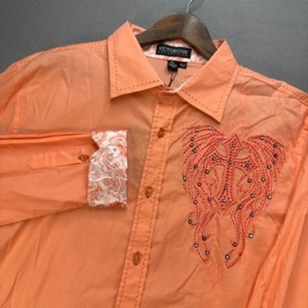 Victorious Los Angeles Embroidered Cross Button Down Shirt XL Coral Studded Y2K